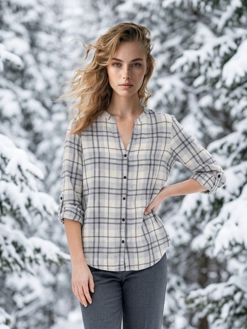 Calvin Klein Women’s Cotton Flannel Shirt Plaid Collarless Roll Tab Sleeve Med - Picture 2 of 16
